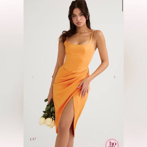 House of CB - Bianca Dress Tangerine Satin Pleated Corset Midi Size L+ XL